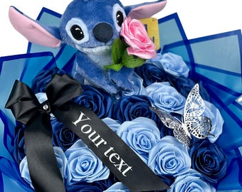 Stitch Rose Bouquet with Hidden Message- Custom Ribbon Flower Arrangement, Plush Toy Ramo Buchon, Will You Be My Girlfriend Proposal Gift
