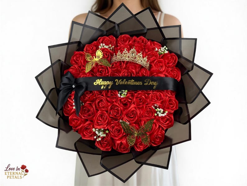 Customizable Rose Bouquet, Red Satin Ribbon Roses, Eternal Flower ...