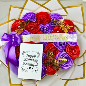 Birthday Rose Bouquet with Personalized Card| Customizable Artificial Flower Gift | Purple and Red Roses with Gold Butterflies | Ramo Buchon