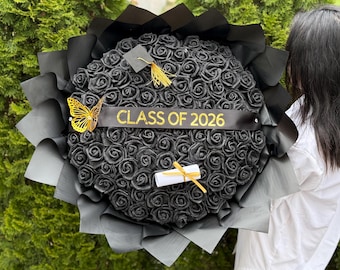 Class of 2026 Graduation Bouquet with Cap & Diploma - Black Glitter Eternal Roses Personalized Black and Gold Grad Gift