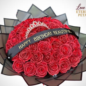 Customizable Eternal Rose Bouquet w/ Crown, LED Lights & Personalized Text - 100 Red Roses Ramo Buchon - Birthday Flowers, Proposal Bouquet