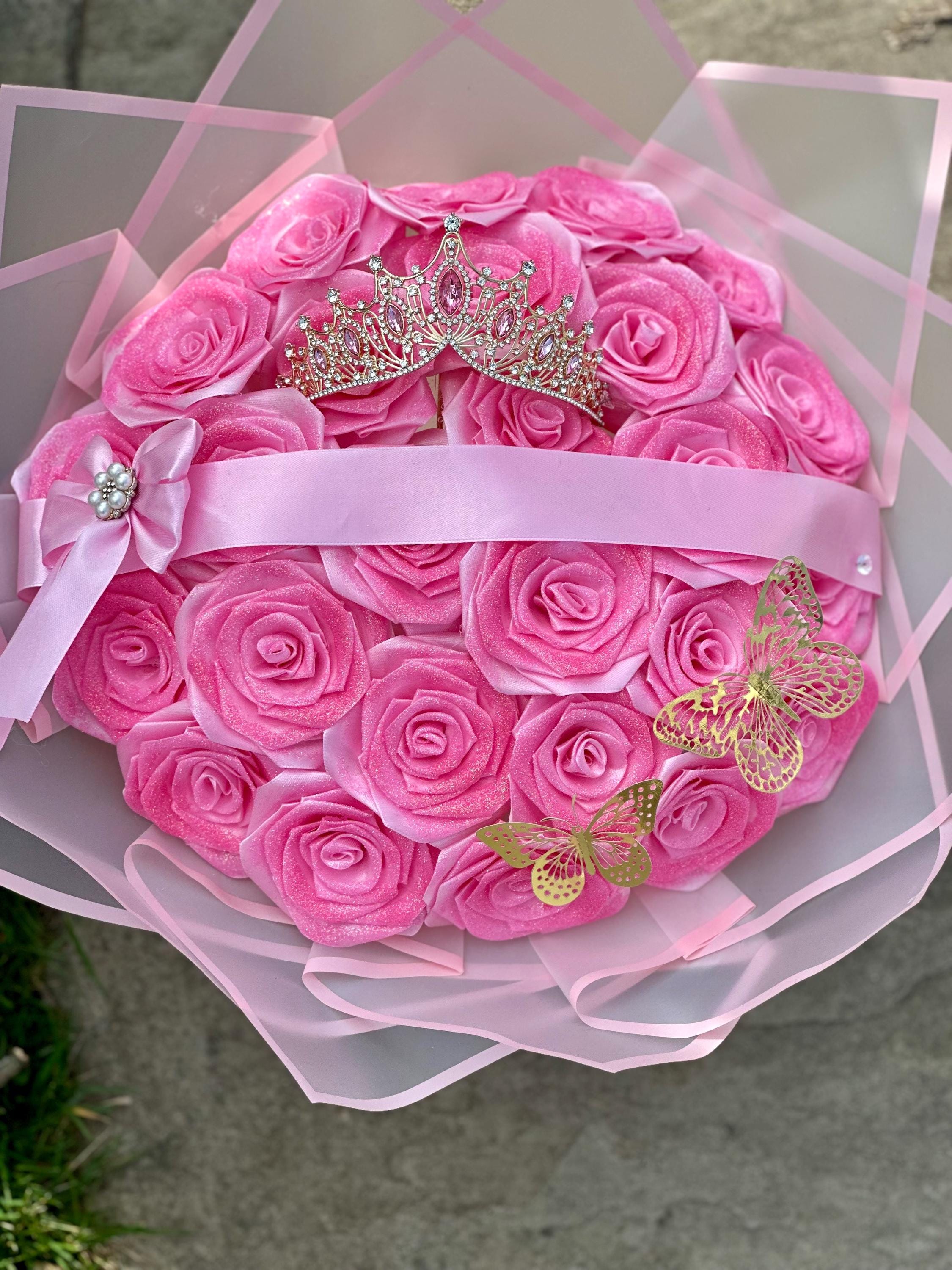 Custom Glitter Rose Bouquet – Personalized Pink Tiara Flower  display picture 1