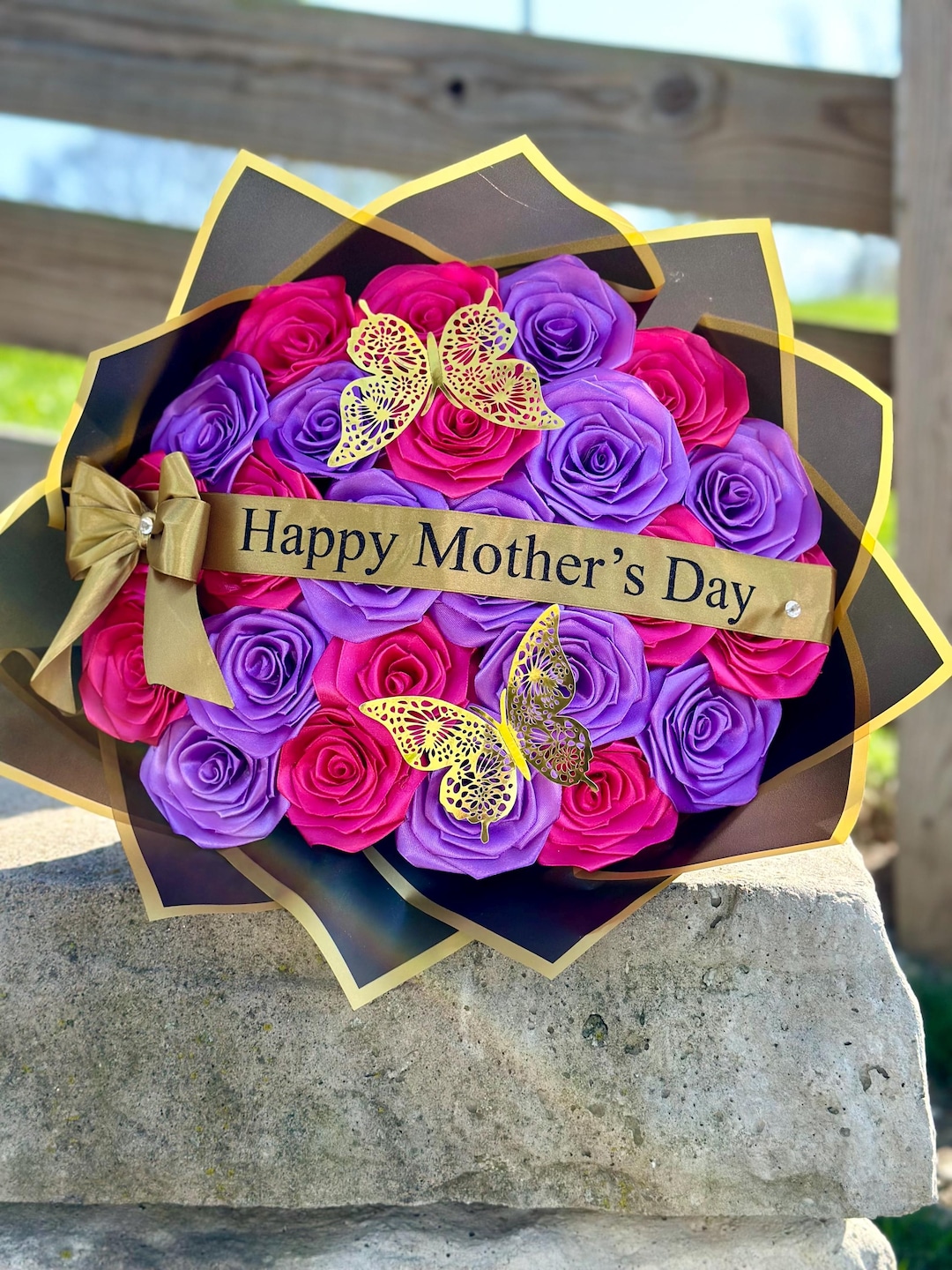 Red Roses Custom Custom Message Flower Bouquet With Gold Ribbon & Butterflies | Pink and ...