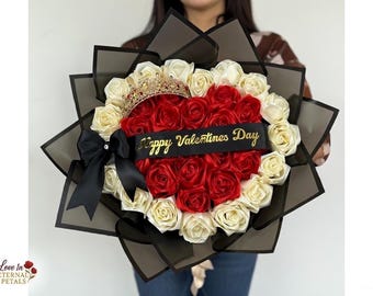 Valentines Day Rose Bouquet, Eternal Heart Rose Bouquet, Luxury Artificial Roses with Crown, Personalized Valentine Gift for Her