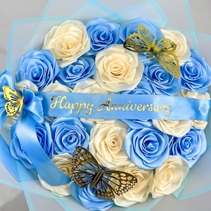 Personalized Blue Flower Bouquet | Custom Message Rose Arrangement, Handmade Ribbon Flowers, Elegant Happy Anniversary Gift, Ramo Buchon
