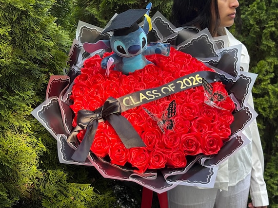 Custom Stitch Graduation Rose Bouquet, Class of 2026 Gift, Red Eternal Roses, Custom Ribbon Bouquet, Graduation Gift for Her, Graduate Gift