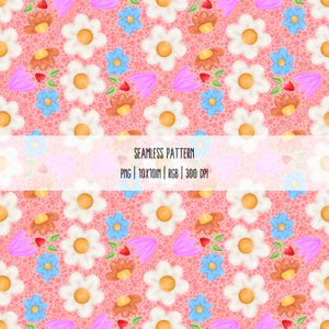 Könnte beinhalten: Ein nahtloses Blumenmuster mit sich wiederholenden weißen, blauen und braunen Blumen und rosa Tulpenformen auf einem strukturierten rosa Hintergrund. Der Text "SEAMLESS PATTERN" ist enthalten. Das Muster ist 10x10 Zoll groß.