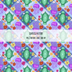 Peut inclure: Un motif sans couture avec des tortues vertes, des méduses violettes et des fleurs colorées sur un fond bleu à carreaux. Le design comprend le texte "SEAMLESS PATTERN PNG | 10X10IN | RGB | 300 DPI".
