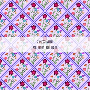 May include: A seamless floral pattern featuring stylized flowers in a repeating diamond grid. The design includes burgundy, orange, blue, and pink flowers on a light purple background. The text "SEAMLESS PATTERN" is displayed.