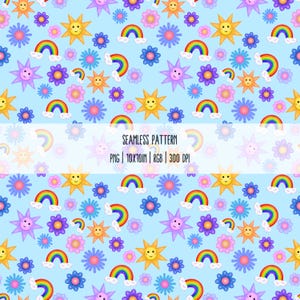 Könnte beinhalten: Ein nahtloses Muster auf hellblauem Hintergrund mit Cartoon-Illustrationen von lächelnden Sonnen, Regenbogen, Blumen und Sternformen. Der Text "SEAMLESS PATTERN" ist in Weiß dargestellt. Die Bildabmessungen betragen 25,4 x 25,4 cm.