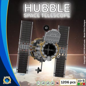 Könnte beinhalten: Ein detailliertes Modell des Hubble-Weltraumteleskops, aus ineinandergreifenden Bausteinen konstruiert. Das Modell verfügt über Sonnenkollektoren, Antennen und eine zentrale Teleskopstruktur. Der Text "HUBBLE SPACE TELESCOPE" und "1206 pcs" ist enthalten.
