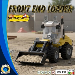 Könnte beinhalten: Ein gelb-weißes Spielzeug-Frontlader mit schwarzer Schaufel, schwarzen Reifen und einer transparenten Kabine. Der Text "FRONT END LOADER" und "CONSTRUCTION SITE" wird über dem Spielzeug angezeigt. Das Spielzeug steht auf sandigem Untergrund. Das Spielzeug hat 203 Teile.