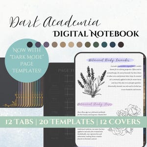 Op de afbeelding: Een digitaal notitieboek met 12 tabbladen, 20 sjablonen en 12 omslagen. Het notitieboek heeft een donker academisch thema met illustraties van lavendel en rozen. De tekst "Now with "Dark Mode" Page Templates!" wordt op de omslag weergegeven.