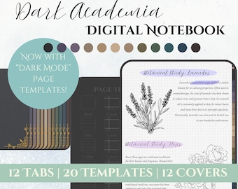 May include: A digital notebook with 12 tabs, 20 templates, and 12 covers. The notebook has a dark academia theme with illustrations of lavender and roses. The text "Now with "Dark Mode" Page Templates!" is displayed on the cover.