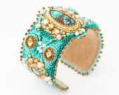 Turquoise cuff Bead embroidery bracelet Spring jewelry Turquoise and gold bracelet Statement cuff Mint green bracelet