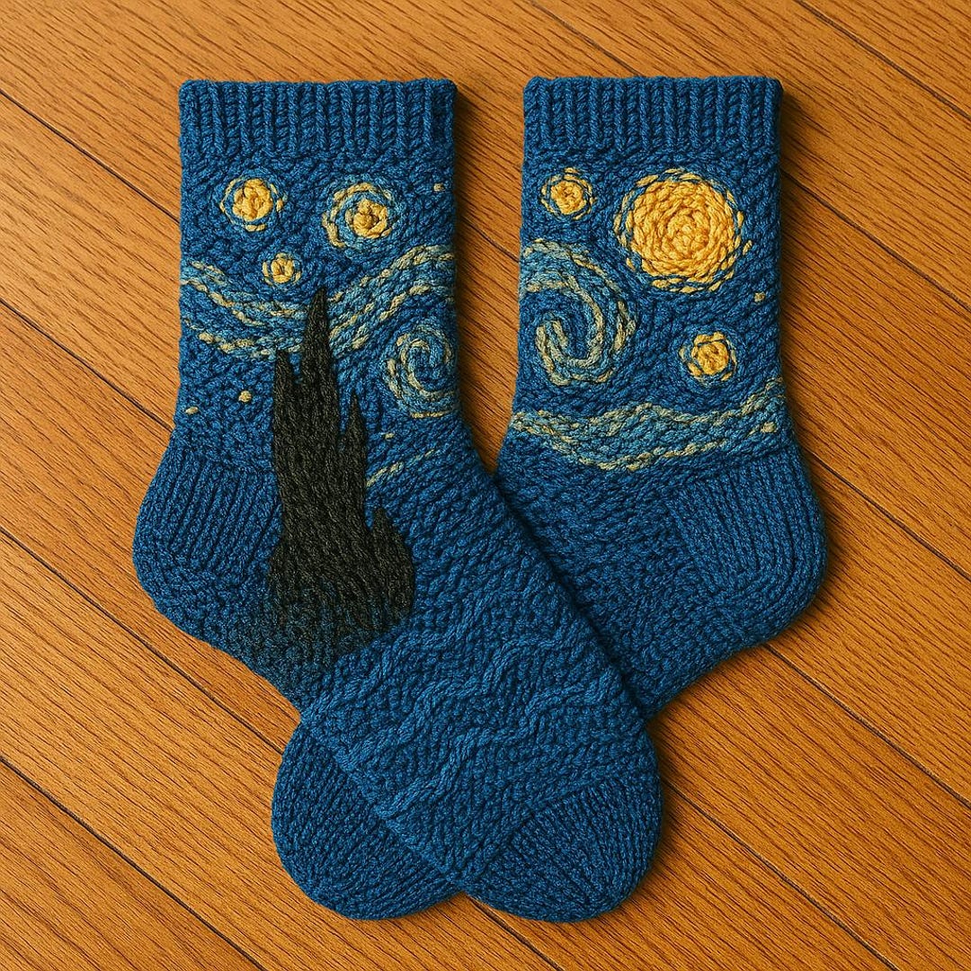 Starry Night Socks Knitting Pattern Van Gogh Inspired Colorwork (PDF