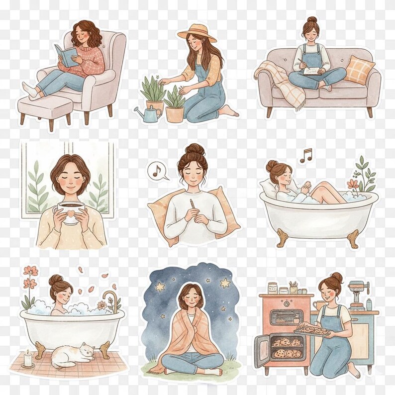 Cozy Self Care Sticker Set – Watercolor Journaling Stickers, Relaxing ...