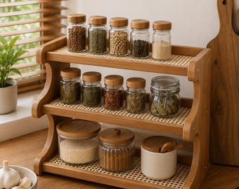 Estante rústico de especias de 3 niveles – Organizador de estantes de cocina de madera, decoración minimalista para el hogar