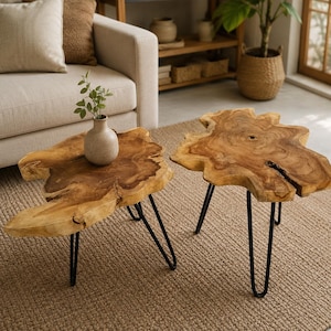 Puede incluir: Dos mesas auxiliares con tableros de madera natural de borde vivo, sostenidas por tres patas de horquilla de metal negro cada una. Un pequeño jarrón de cerámica beige con una ramita verde se encuentra sobre la mesa de la izquierda.