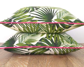 Tropical outdoor pillow cover palm leaf pillow pink piping | Etsy