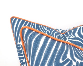 Blue outdoor pillow cover  zebra print, animal print pillow case blue and orange