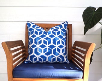 Royal blue outdoor pillow cover geometric print, blue and white pillow case modern trellis print beach house decor