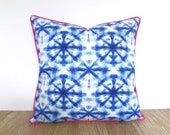 Shibori pillow cover 18x18, blue and pink outdoor pillow case, medallion outdoor cushion cover front porch decor