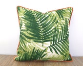 Green palm leaf pillow cover front porch decor, tropical bench cushion case Tommy Bahama fabric, green and orange outdoor pillow cover