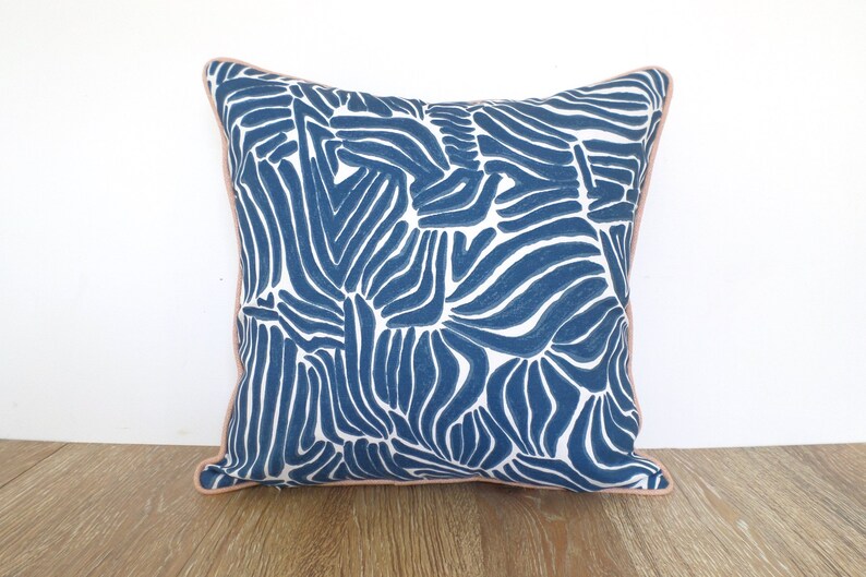 Blue animal print pillow cover 18x18 front porch decor, blue and blush outdoor pillow case, zebra print outdoor cushion cover image 4