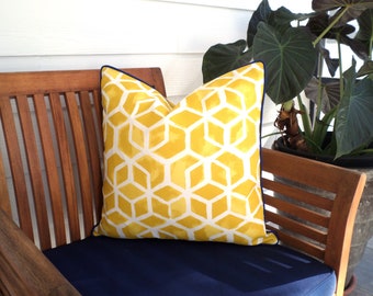 Yellow outdoor pillow cover geometric print, trellis outdoor pillow case beach house decor gift for her