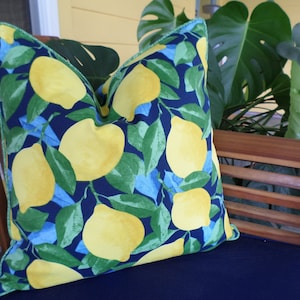 Green outdoor pillow cover summer garden decor, blue cushion case citrus garden print