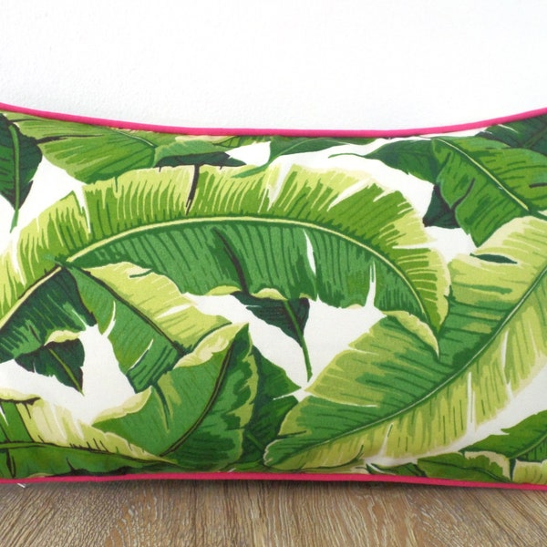 Banana leaf pillow case 20x12 Palm Beach decor, tropical lumbar pillow cover beach house decoration, green and pink outdoor pillow cover