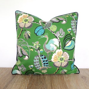 Green outdoor pillow cover 18x18 Genevieve Gorder fabric, floral pillow case tropical motifs, kelly green outdoor cushion cover