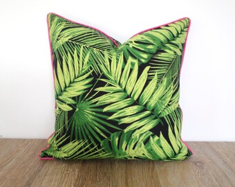 Palm Leaf Pillow Cover: Tropical Green Monstera Print, Hot Pink Piping