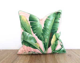Palm leaf pillow cover 20x20 bird of paradise print, blush outdoor pillow cover swaying palm leaf Caribbean decor