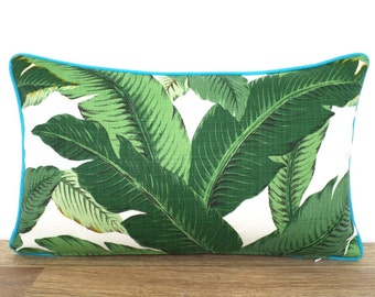 Green outdoor pillow cover Hollywood Regency Decor, tropical leaf cushion cover for front porch, swaying palm leaf lumbar cover