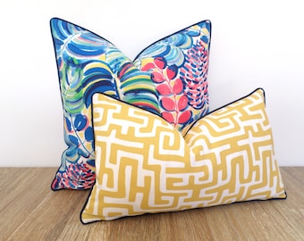 Outdoor Greek Key lumbar pillow cover modern home decor, yellow outdoor pillow case boho decor