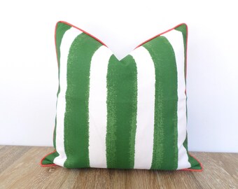 Green striped outdoor pillow cover, block striped pillow case green and coral decor