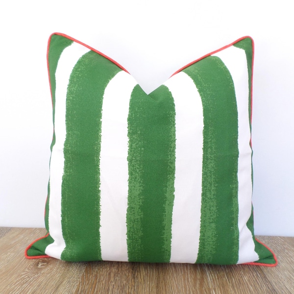 Green striped outdoor pillow cover, block striped pillow case green and coral decor