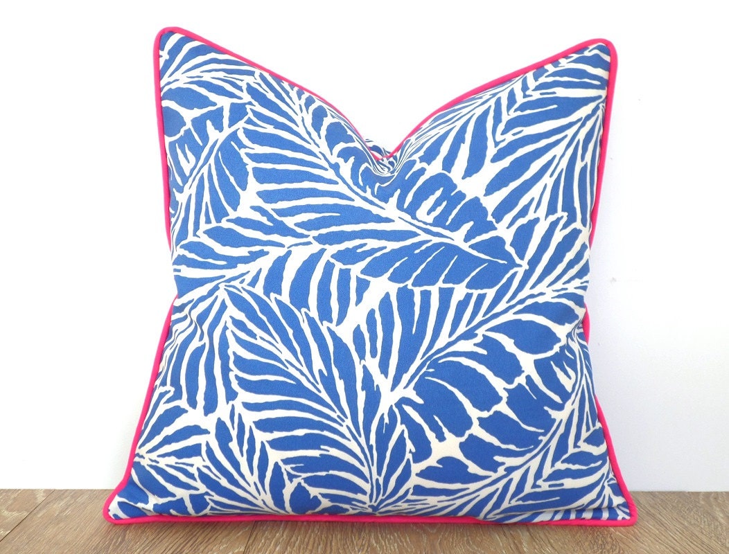 Aqua blue outdoor pillow cover 18x18 palm leaf print tropical