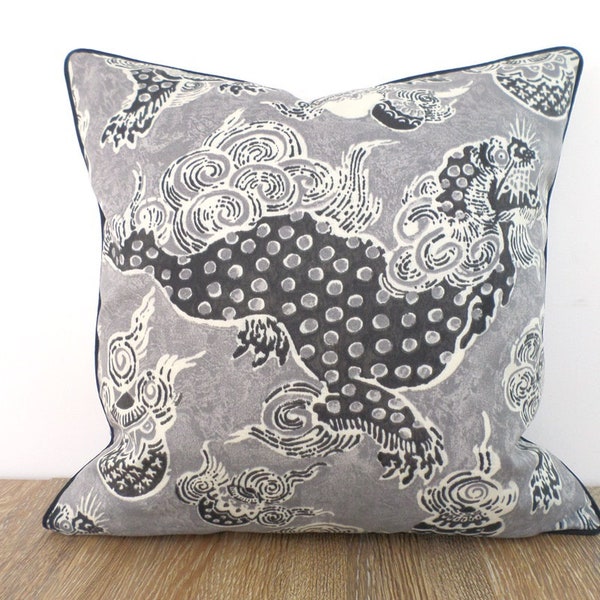 Black dragon pillow cover 18x18, Chinoiserie pillow case Ming Dragon print, dark gray outdoor cushion cover asian inspired