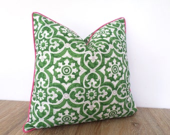 Kelly green outdoor pillow cover 18x18, medallion pillow case green and pink decor, geometric cushion cover