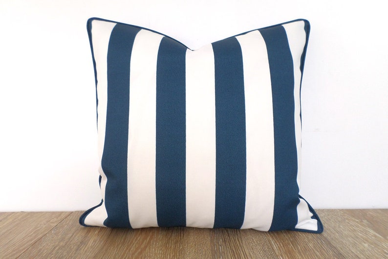 Blue and white outdoor pillow cover, blue striped outdoor cushion case, nautical pillow cover, canopy stripe cushion beach house decor image 3