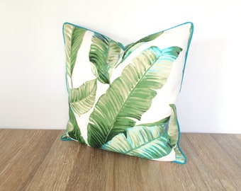 Tropical pillow cover 18x18 swaying palm leaf print, green outdoor cushion cover coastal beach home