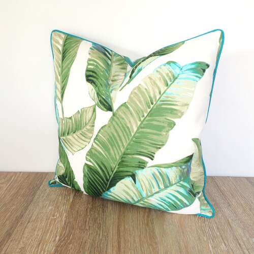 Blue Outdoor Pillow Cover 20x20 Palm Leaf Print Tropical Etsy