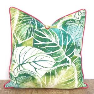 Green palm leaf pillow cover 18x18, outdoor bench cushion botanical print, tropical outdoor pillow cover, green and pink outside cushion