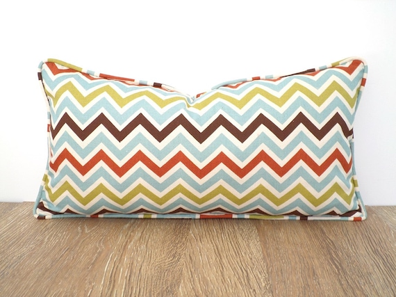 Chevron Lumbar Cover 21x11 Light Blue And Brown Sofa Cushion Etsy