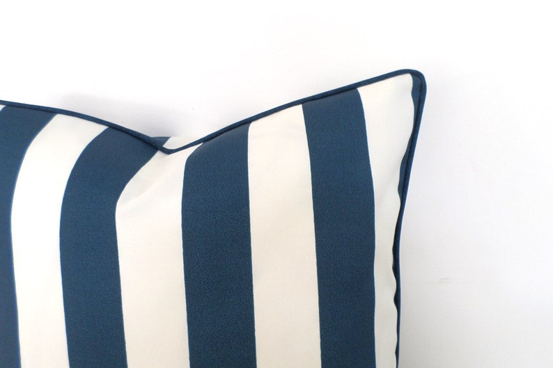 Blue and white outdoor pillow cover, blue striped outdoor cushion case, nautical pillow cover, canopy stripe cushion beach house decor image 2