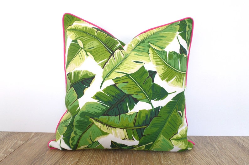 Palm leaf outdoor pillow case, tropical pillow pink piping Palm Beach decor, green outdoor cushion swaying leaves,banana leaf outdoor pillow image 1