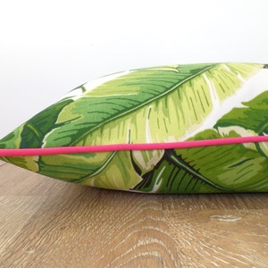 Palm leaf outdoor pillow case, tropical pillow pink piping Palm Beach decor, green outdoor cushion swaying leaves,banana leaf outdoor pillow image 2